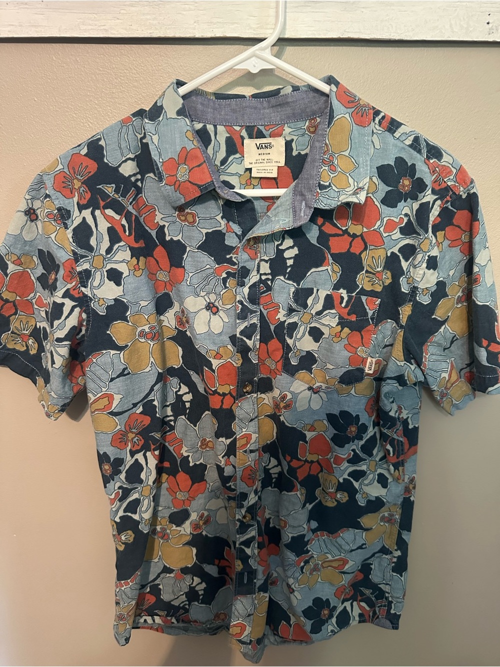 Vans Navy Floral Short-Sleeve Button-Down with Red and Mustard Accents